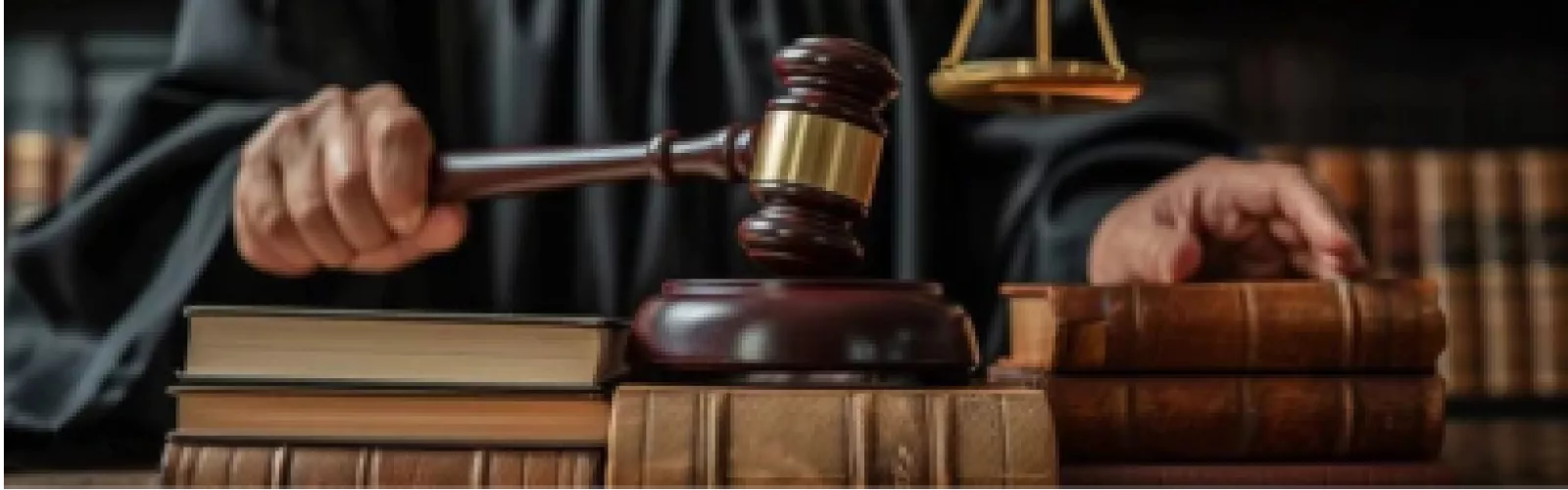 Judge's hands banging gavel on desk with law books