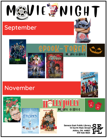 Movie Night even poster with movie posters. Details in text.