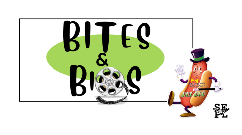 Text reads bites and bios with a green oval background and a vintage hotdog graphic